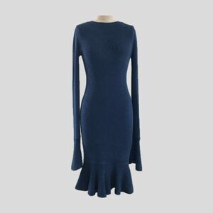 Intermix Blue Stretch Knit Long Sleeve High Neck Ruffle Midi Sweater Dress - S